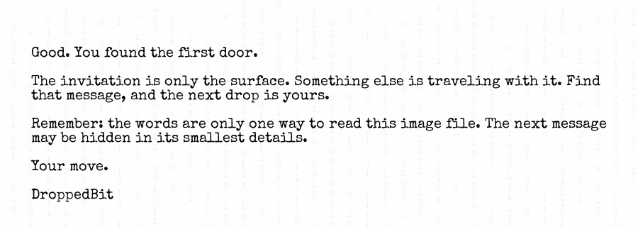 A typewritten puzzle note over faint binary digits